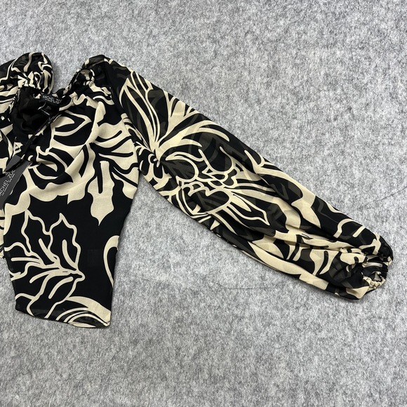 Rachel Zoe Shirt Womens S Beige Floral Balloon Sleeve Chiffon Blouse Top Preppy - Picture 8 of 16